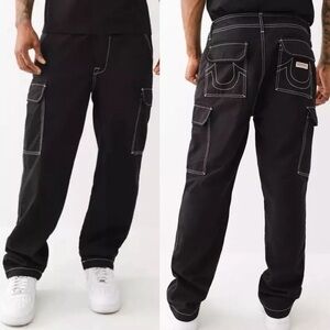 True Religion Men's Cargo Pants Size 36 Jet Black White Stitching Baggy NWT jean